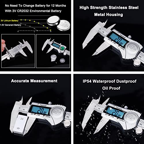 Calibre Digital Acero Inoxidable, Kynup Pie de Rey Digital Profesional de 150mm/6 Pulgadas, IP54 Impermeable Calibrador Vernier Digital, Gran Pantalla LCD Calibrador, Precisión de 0.01mm, Metalico