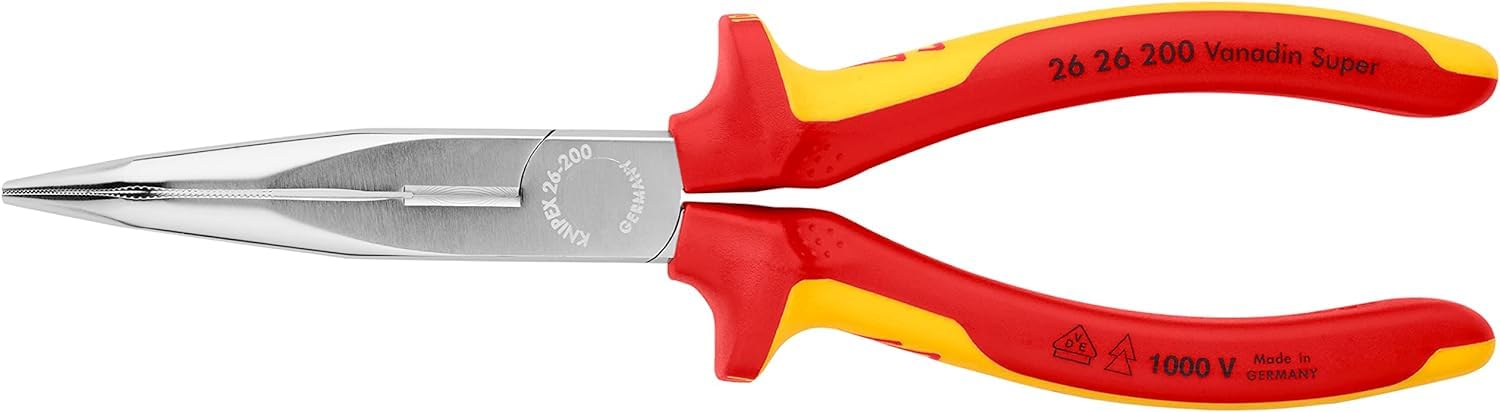 Knipex Pince demi-ronde avec tranchant (pince bec de cigogne) chromée isolées par gaines bi-matière, certifiées VDE 200 mm, 26 26 200
