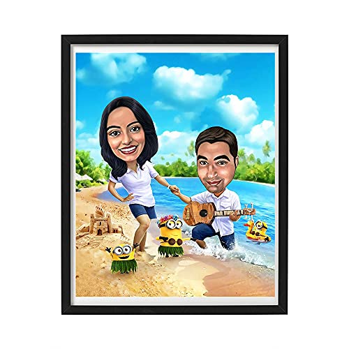 Image of DK Decors Personalized Caricature Photo Frame Custom Cartoon Portrait from Photo, Vacation Gift for Couple, Husband & Wife (8x10 Inch)
