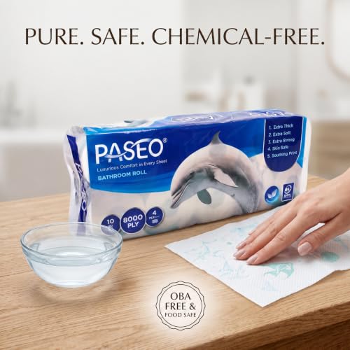 Image of PASEO Dolphin 4-Ply Toilet Tissue Paper Roll | 10 Rolls, 200 Pulls, 800 Sheets each | Ultra Soft, Highly Absorbent & Gentle on Skin | OBA Free | 100% Virgin Paper