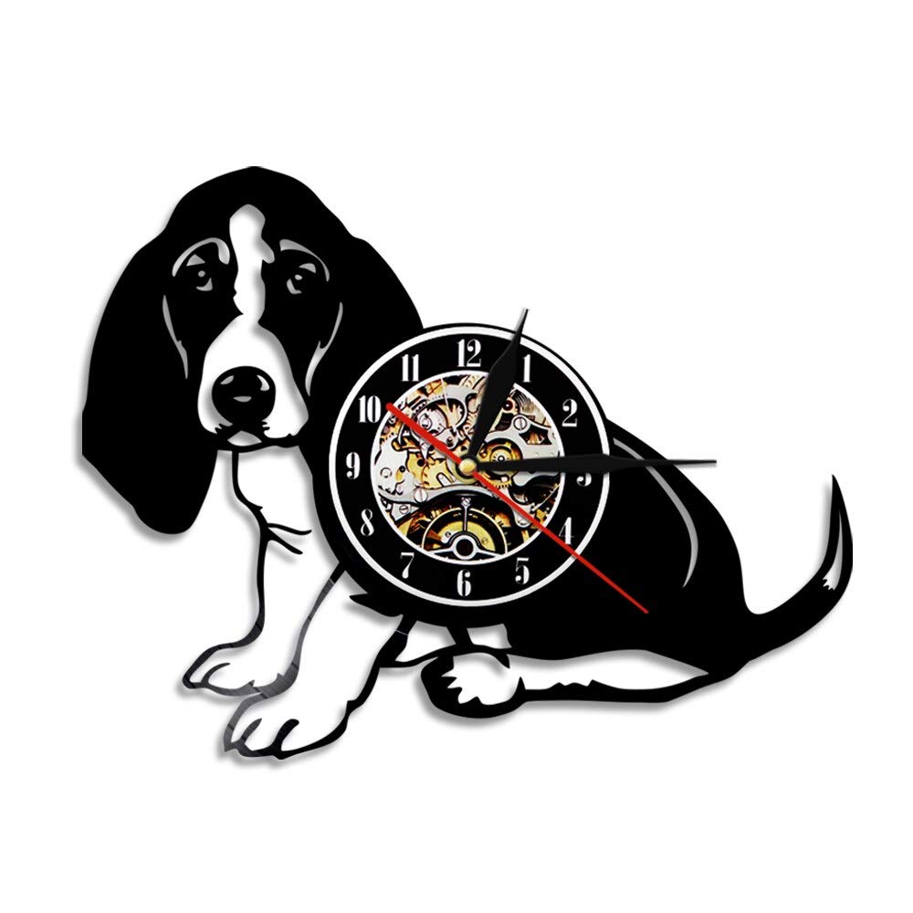 Basset Dog Orologio da parete con disco in vinile Animali Modern Vintage Wall Art Orologio con luce a led Orologio al quarzo silenzioso Regalo per amante dei cani Diametro 30 cm 7 colori variabili d