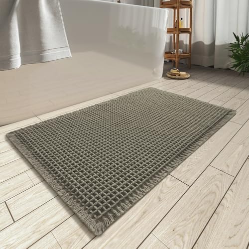 AMOAMI Upgraded Waffle Bath Mat, Super Absorbent Non Slip Bath Mats for Bathroom Floor, Machine Washable Bathroom Rugs with Tassels, Rubber Backed Bathroom Mats, Ultra Soft, 18