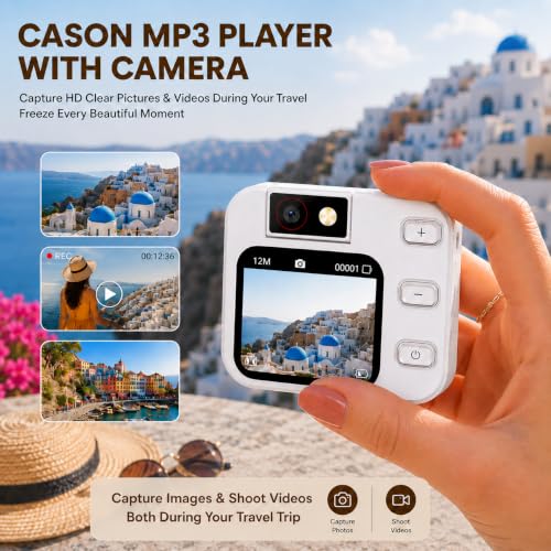 Image of Cason Mini MP3 Music Player with Bluetooth & 180 Rotating Mini Camera,Touch Screen Audio Player with Built-in Speaker, Pocket-Sized MP3 Player with FM Radio,E-Book -Expanded Up to 128GB (White)