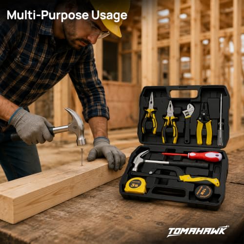 Image of TOMAHAWK ELE-1110 10-Piece Electrician Hand Tool Kit | 2 x Pliers, Hacksaw, Measuring Tape, Tester, Wire Stripper, Adjustable Spanner, Insulating Tape, 2 in 1 Screwdriver, Claw Hammer with Toolbox