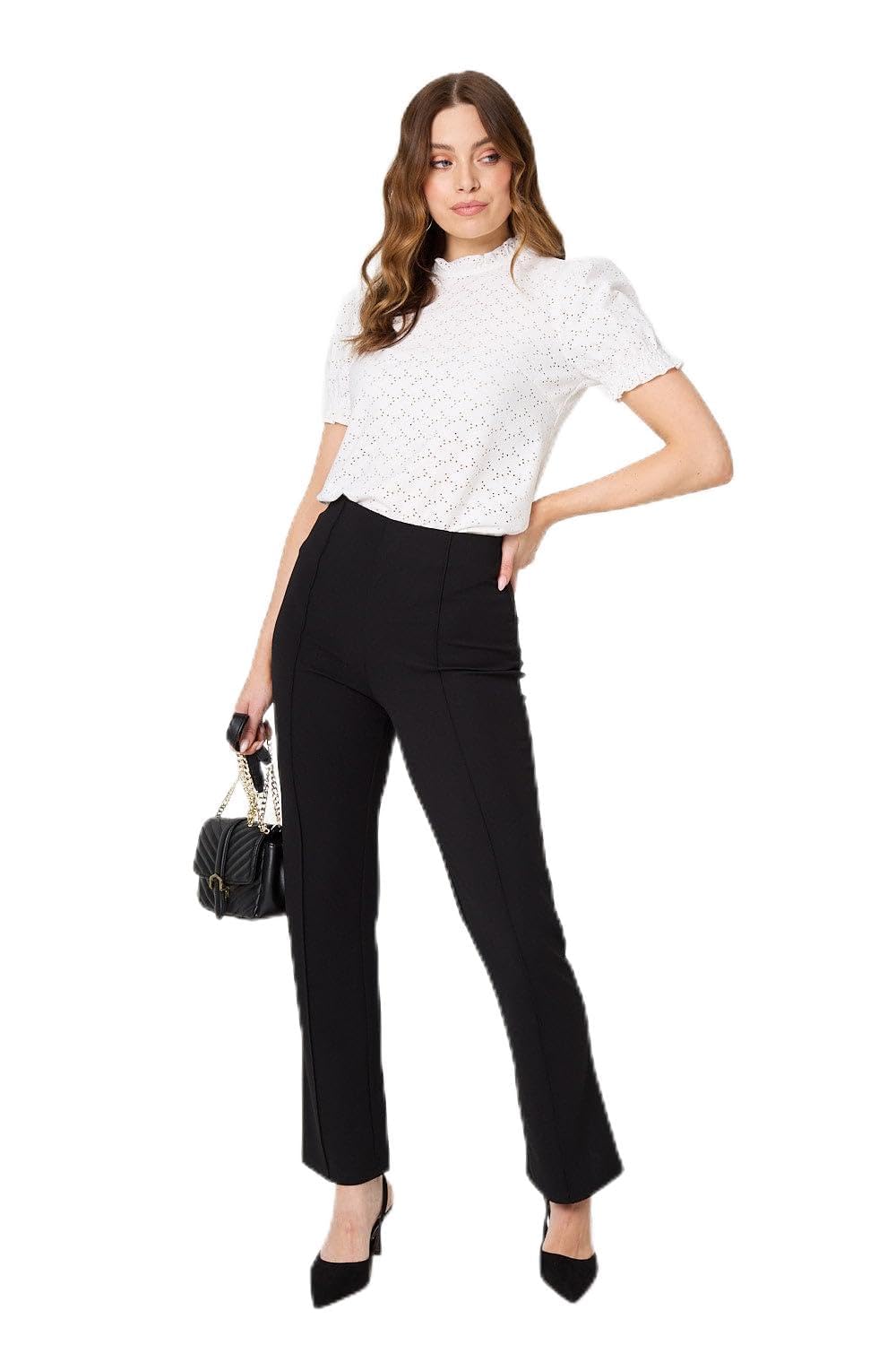 Izabel London Women's Black High Waist Kick Flare Trousers For Uk With Full Length Legs And A Slim Flared Fit.