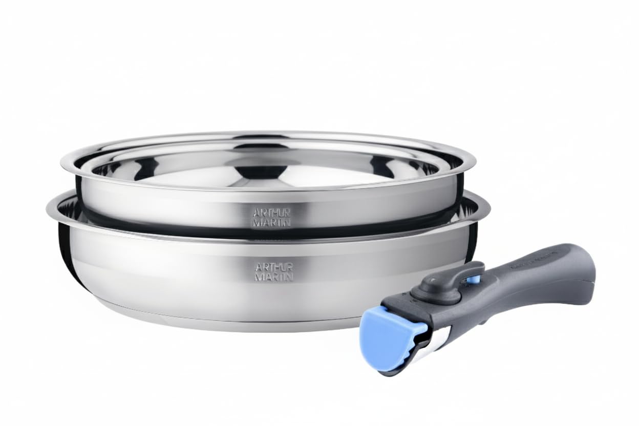 Arthur Martin - Lot De 2 Poêles en Inox - Manche Amovible - Induction Compatible - Compatible Induction - Ensemble Pratique Et Ergonomique - Ø 24 x 26 cm