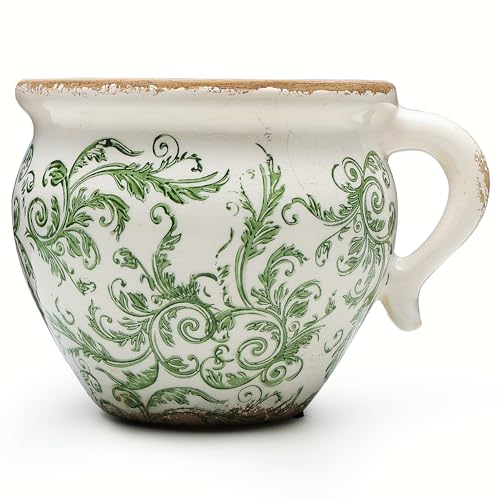 Vintage Flower Pot Rustic Planter Container with Handle Ceramic Ice Crack Plant Pot with Drainge Hole Decorative Planter for Indoor and Outdoor Tuscan Decor Vase Gardening Gift (Green)