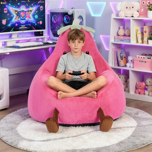 Image of 31 Inches Memory Foam Bean Bag Chair - Ultra Soft Faux Rabbit Fur Round Sofa with Handle & Machine Washable Cover, Eggplant-Shaped Kids Reading Chair for Bedroom, Living Room and Playroom, Magenta