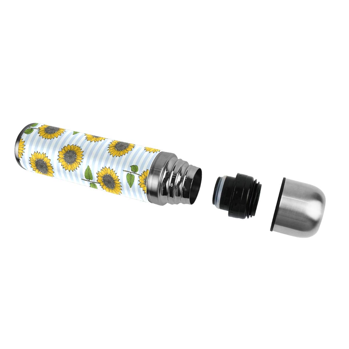 Taza de viaje de acero inoxidable con aislamiento al vacío, doble pared, a prueba de fugas, diseño de girasoles, estampado a rayas azules, con estampado personalizado de piel auténtica, 500 ml
