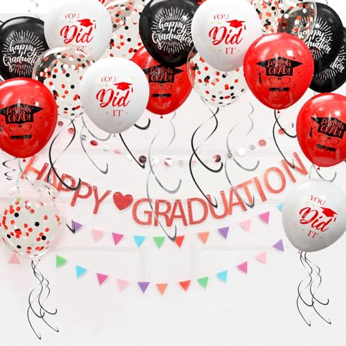 75 Pack Graduation Party Decorations Balloons Set - 12 Inch Black Red Confetti Grad Balloons with Ribbons for Graduation Party Decoration Supplies