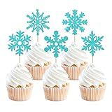 Ercadio 雪の結晶 カップケーキトッパー グリッター スノーフレーク カップケーキピック アナと雪の女王 ブルー スノーフレーク ケーキデコレーション ベビーシャワー 性別披露 冬のテーマ クリスマスパーティー ケーキデコレーション用品 25個
