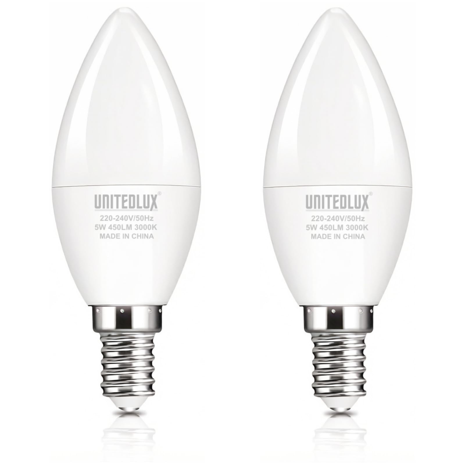 UNITEDLUX C37 LED Bayonet Light Bulb, 5W Led Bulb E14 Base 40W Equivalent, 3000K Warm White Candle Light Bulbs, 450Lm, CRI>80, No-Flickering, Non-Dimmable, Pack of 2