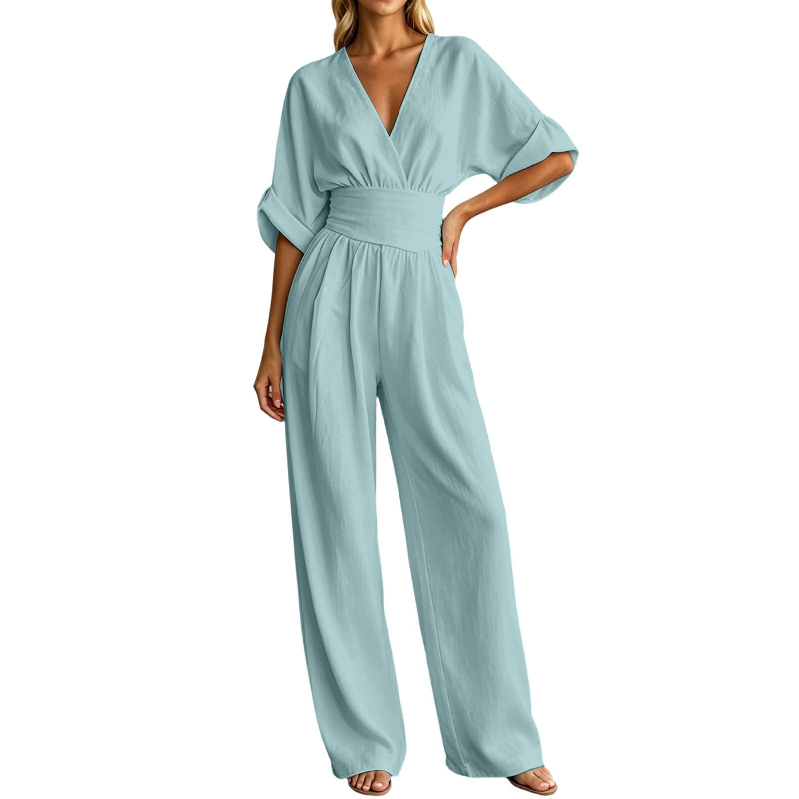 Générique Combinaison Femme Chic Élégante Col V Jambes Larges avec Poches Jumpsuit Manches 3/4 Souris Fluide Combinaison Pantalon pour Travail Bureau Soirée Mariage
