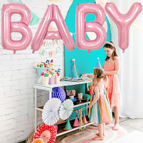 Image of 40 Inch Pastel BABY Balloon for Girls Baby Shower, Large Light Pink Foil Balloons Letters, Pearl Pink Mylar Alphabet Balloon Banner Sign for Gender Reveal Backdrop Party Decorations