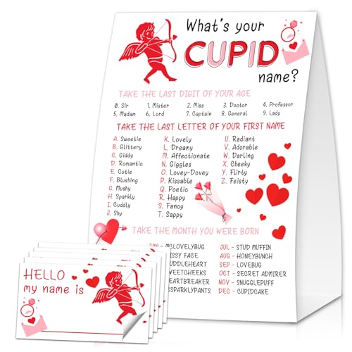 Cupid Party Game Set - “What‘s Your Cupid Name” Interactive Double-Sided Sign & 30 Name Stickers for 30 Guests, Singles or School Valentine's Day Events Theme Activity for Party Decorations