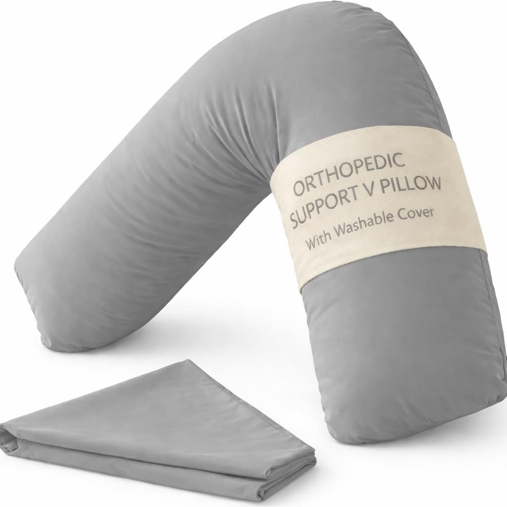 Home and Living V Shaped Pillow With Removable Pillowcase | Orthopedic V-Shaped Support For Back, Neck & Pregnancy | Firm Hollowfibre Filling Nursing & Sitting Up Bed Cushion (Grey, Plain)