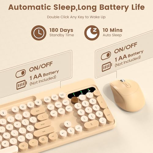 Image of Wireless Keyboard and Mouse Combo, Retro Round Keycaps, Full-Size Stylish Typewriter Keyboard with Phone /Tablet Holder, Ergonomic Mouse with 3-Level DPI, 2.4GHz Connection for Windows /PC (Milk-Tea)