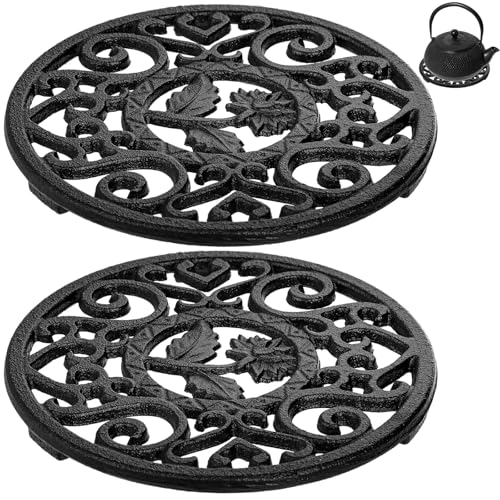 Coloch 2 Pack Cast Iron Trivet with Pegs, 12cm/4.6" Round Metal Trivet with Vintage Patterns Rustproof Hot Pot Holder Pads for Serving Hot Dishes, Pans, Pots, Tea Pots, for Kitchen Counter Top, Black
