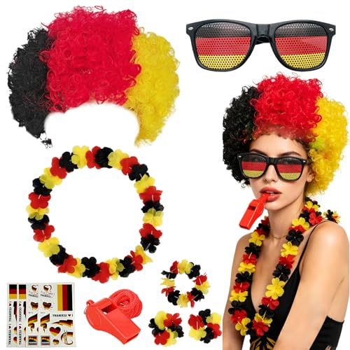 yolzhxe 7 Pièces Kit Supporter Allemagne con Perruques, des Colliers de Fleurs, des Autocollants, des Lunettes de Soleil, para Matchs de Football et à la Coupe du Monde