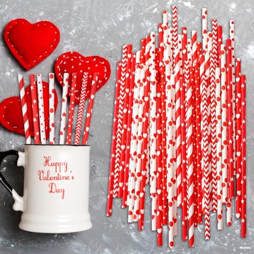 Image of 200 Pack Disposable Assorted 8-Style Paper Straws - 7.75 Inches Striped, Heart, and Star Patterned Drinking Straws for Valentine's Day, Weddings, Engagements, and Romantic Celebrations Party Supplies