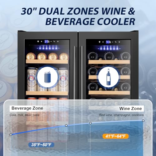 Image of Tylza 30 Inch Wine and Beverage Refrigerator, Dual Zone Wine Beverage Cooler 30 inch with French Door, Under Counter Wine Beer Fridge Built-In or Freestanding, Holds 29 Bottles and 110 Cans, Black