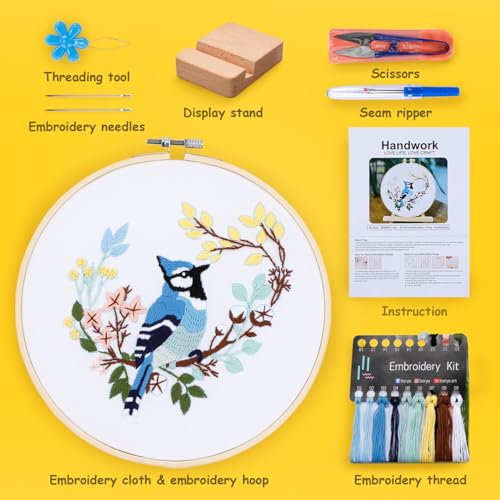 Image of Hummingbird and Flower Embroidery Kit for Adults, DIY Embroidery Kits with Original Design Patterns, Learn to Embroider Kit Beginner with Needles and Thread, Clear Instructions and Video (BEB004)