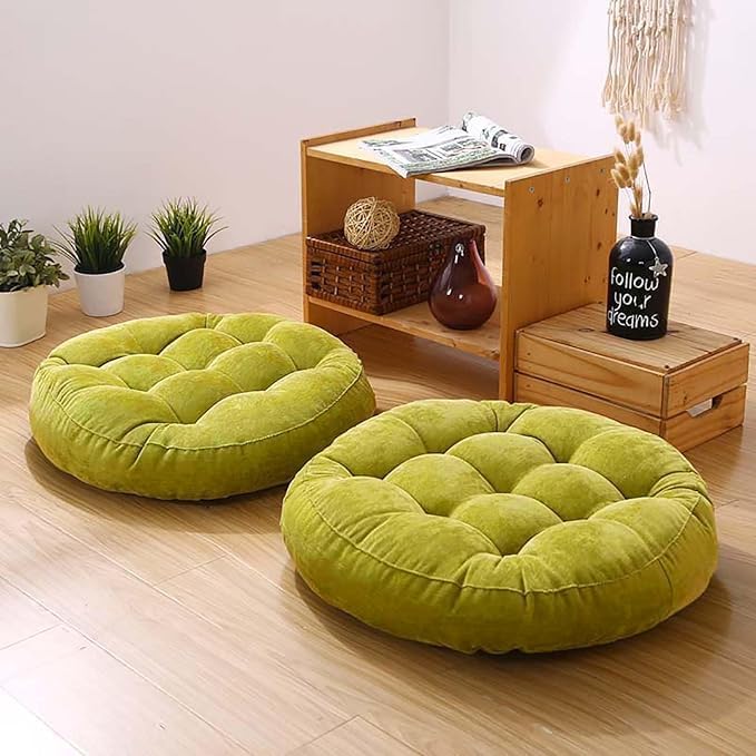 Meditation Floor Pillow Set of 2 Large Round Floor Cushions for Adults Tufted Corduroy Floor Seat Pillows Cushion for Living Room,Grass Green 16.5" Lx16.5 Wx3 H