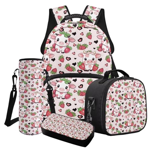 Suobstales Cow Strawberry Heart Leopard Print Backpack Set for Girls Kids 4 in 1 School Bookbags Set with Lunch Bag/Pencil Case/Water Bottle Carrier Bag for Kindergarten Elementary School Students