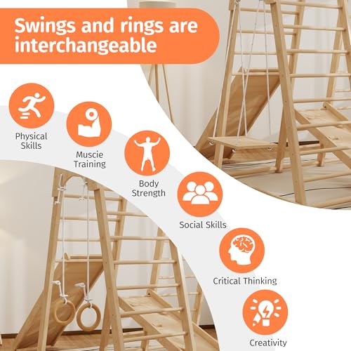 Image of Indoor Jungle Gym for Toddlers, 8-in-1 Wooden Montessori Climbing Toys with Slide, Swing, Rock Wall, Rope Ladder, Monkey Bars - Indoor Playground for Kids Ages 1-8
