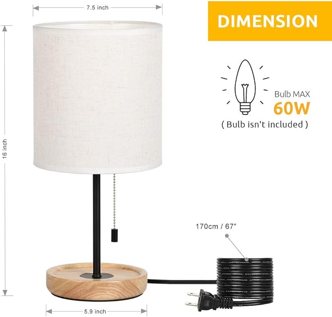 Lámpara de Mesa de Noche HAITRAL con Pantalla de Lino y Base de Madera - 16 pulgadas miniatura 2