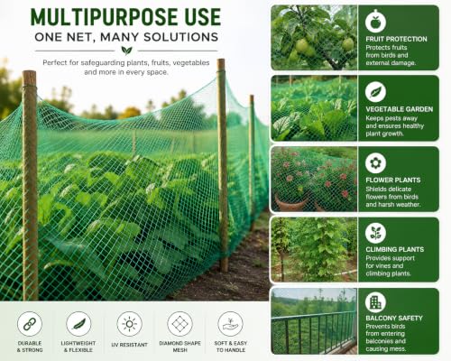 Image of 12 Ply Plant Netting 50 mm Mesh - Heavy Duty Garden Support Net, UV Resistant Trellis Net for Vegetables, Climbing Plants & Creepers (Green, 20X250FT)