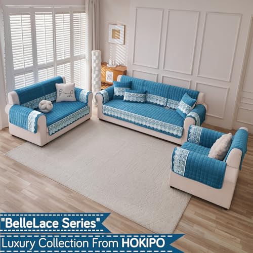 Image of HOKIPO 'BelleLace Series' Imperial Milk Velvet Sofa Backrest Mat Cover with Lace | Anti-Slip | 1 Pc - Celdaon Blue (AR-6311-BL)