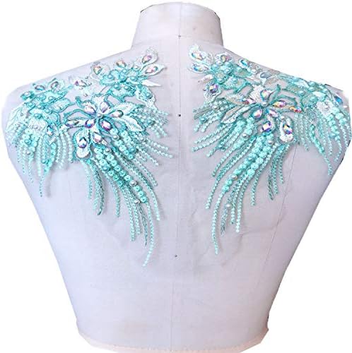 Mirror Pair Beaded Floral Lace Applique Colorful Rhinestones Jewelry Motif Embroidery Shoulder Patch for Party Costumes Dance Dress Mint