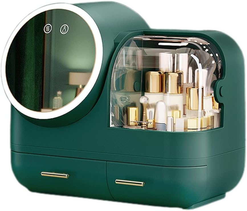 Exquisite Bathroom Shelves Lipstick Skin Care Product Rack, Makeup Storage Box, with LED Mirror, Adjustable Angle and Light Effect, USB Port Charging (Color : Green, Size : with Fan)