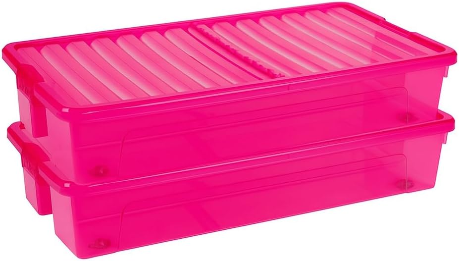 Pack of 2-35 Litre Under Bed Storage Boxes with Wheels - Clear Plastic Storage Containers with Clip Locking Folding Lids - Stackable Organisers for Clothes, Bedding & Toys (Pink)