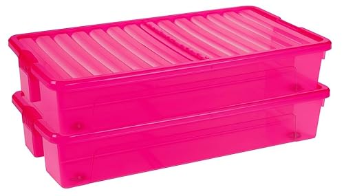 Muddy Hands Pack of 2-35 Litre Under Bed Storage Boxes with Wheels - Clear Plastic Storage Containers with Clip Locking Folding Lids - Stackable Organisers for Clothes, Bedding & Toys (Pink)