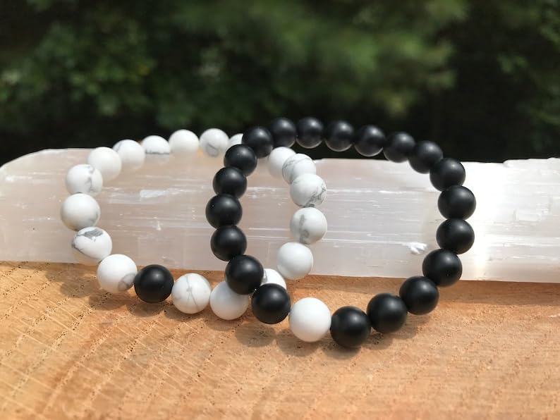 Bracelet pour couples en perles de howlite et onyx noir mat authentiques - 3