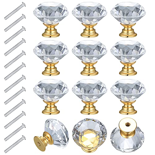 12PCS Bouton de Meuble 30mm Bouton de Tiroir Cristal Poignée Meuble Dorée, Poignées d'armoire Transparentes Poignee Placard Cuisine Bouton de Porte en Cristal