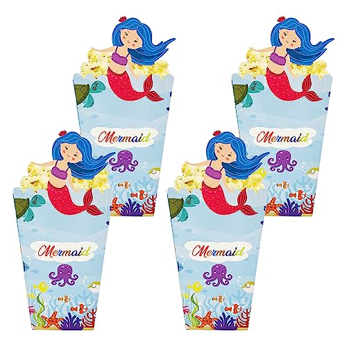 Image of Sumerk 12Pcs Mermaid Popcorn Boxes Candy Snacks Containers for Movie Night, Carnival, Theater Paper Popcorn Bags for Children's Baby Girls Birthday Party Decorations