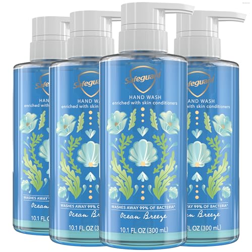Safeguard Liquid Hand Soap Micellar Deep Cleansing Washes Away 99% Bacteria Made with Natural Moisturizers Enriched with Skin Conditioners PH Balanced Ocean Breeze Scent 10.1 oz (Pack of 4)