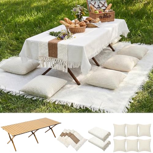 Novabright Picnic Kit Folding Picnic Table Extra Large Outdoor Boho Blanket Beige Table Runner Floor Pillow Covers Woven Cotton Oversize Washable for Camp Wedding (Cream White Pillow Covers 10 Pcs)