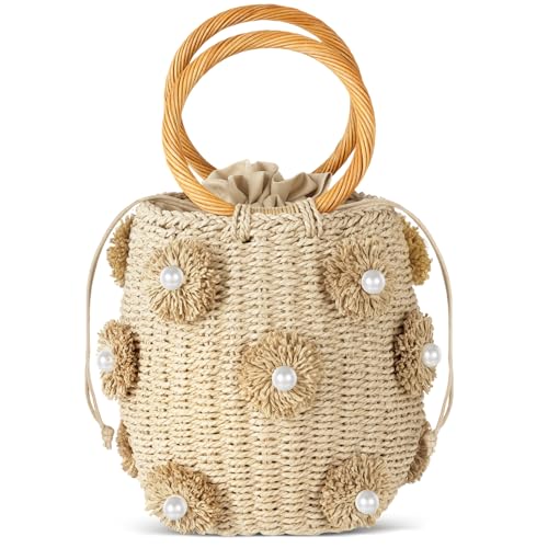 Bolso de paja tipo tote con cordón y flor para mujer