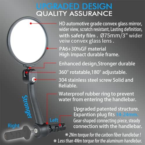 BriskMore 1PAIR Black Bar End Bicycle Mirrors,HighDefinition Convex Glass Lens for Flat Handlebar Mounted Rearview Mirror for Mountain Bikes, BT-017