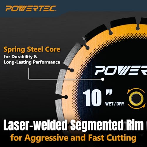 Image of POWERTEC 10 inch Laser-Welded Segmented Diamond Saw Blade for Wet Tile Saw, Diamond Blade for Cutting Cured Concrete, Block, Brick, Pavers, Masonry, 10 inch Diamond Blades for Wet /Dry Cutting, 1PK (14012)