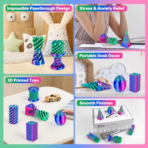 dikale 6 Packs Spiral Cone 3D Printed Fidget Toy Set, Flexible Impossible Cone Pyramid Passthrough Toys for Stress Relief, Fun Desk Deco Relaxing Gift for Kids Adults, Rose Red+Blue+Green — view 4