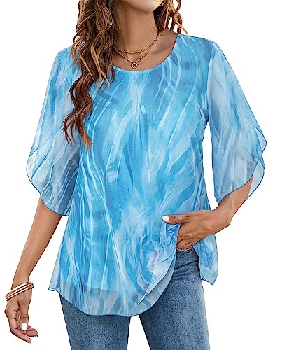Timuspo Damen Chiffon Tunika Sommer Halbe Glockenärmel Rundkragen Lässig Locker Bluse Top