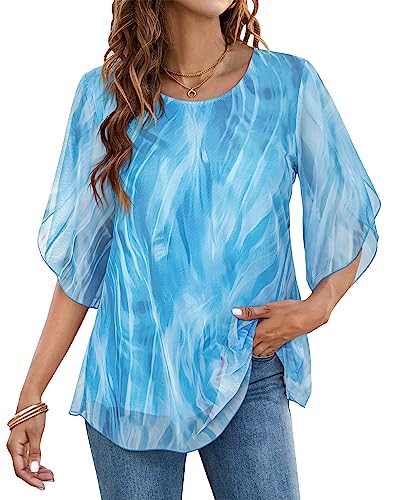 Timuspo Blusa de gasa de manga media para mujer, verano, cuello redondo, doble capa, túnica fluida, azul, M