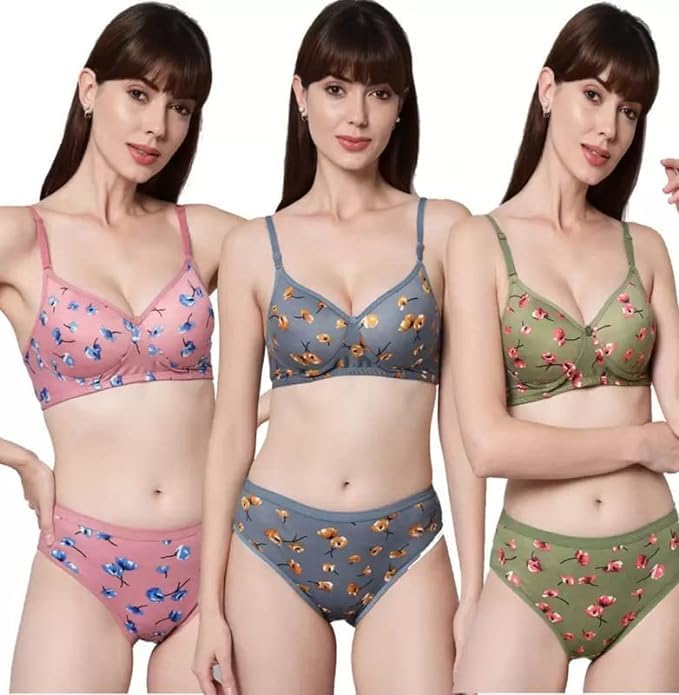 qoxolyz Women's Cotton Lightly Padded Wire Free Bra Panty Lingerie Set Honeymoon Bikni Set for Girl's Combo Pack of 3-picture-45