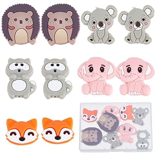 SUNNYCLUE 1 Box 10Pcs Silicone Beads Animals Silicone Bead Animal Head Raccoon Elephant Thick Chunky Spacer Loose Beads for Jewellery Making Lanyard Keychain Necklace Bracelet Beading Supplies Pen