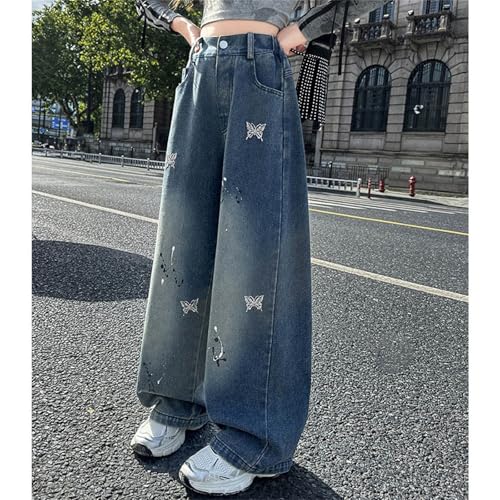 Girls Bitterfly Print Baggy Jeans Wide Leg Elastic Waist Pants Youth Fall High Waisted Straight Leg Denim Trousers3